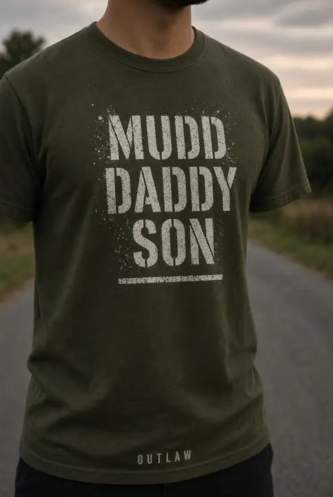 Olive green Mudd Daddy Son concept tee with a stencil print and OUTLAW at the hem