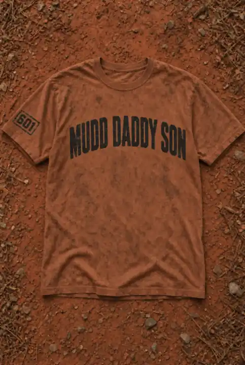 Red clay dyed Mudd Daddy Son concept tee with a 601 sleeve patch