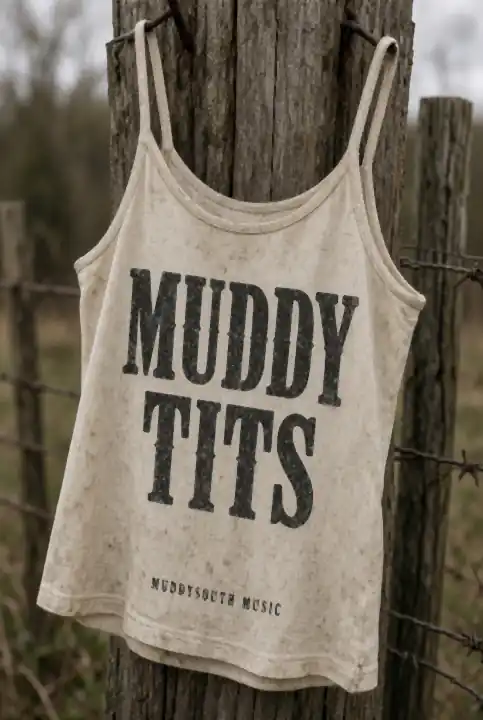 Cream Muddy Tits concept tank with MUDDYSOUTH MUSIC at the hem