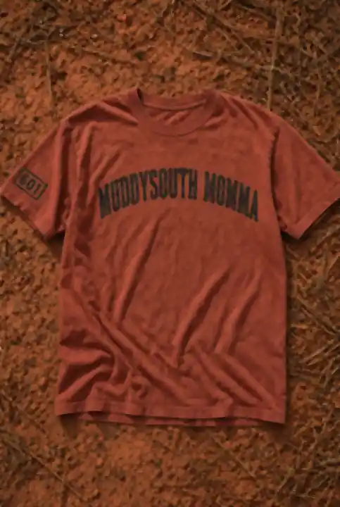 Red clay MuddySouth Momma concept tee with a 601 sleeve patch